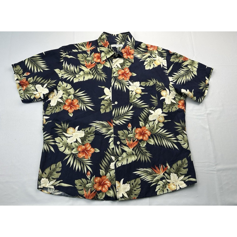 Alex Cannon Hawaiian Camp Shirt Large Tropical Floral Linen Rayon Aloha Navy - Picture 13 of 14
